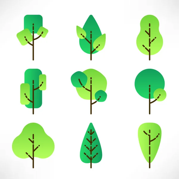 Плоские Деревья Очертаниями Современном Стиле Изолированы Белом Фоне Зеленый Логотип — стоковый вектор