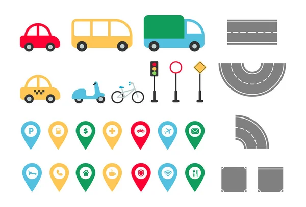 都市道路の要素を設定します 平らな輸送車 トラック タクシー 自転車 自転車 道路標識 地図ポインタを持つ町の地図コンストラクタ インフォグラフィック ウェブ — ストックベクタ