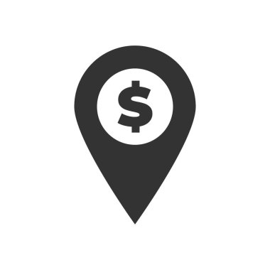 Harita işaretleyicisi 3d pin vektörü basit siyah simge. Beyaz zemin üzerinde dolar işareti, banka, ATM sembolü olan coğrafi konum noktası. Web, uygulamalar, bilgi grafikleri için vektör illüstrasyonu