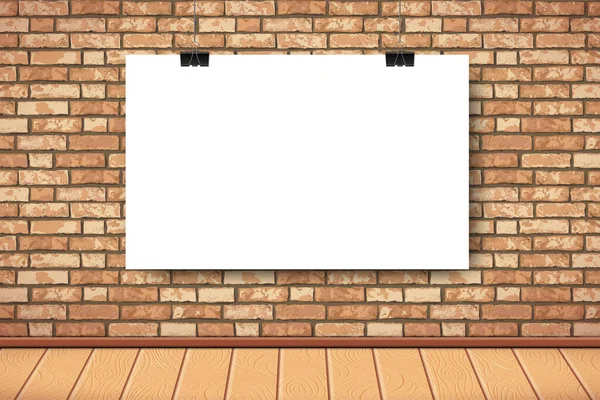 Flat Interior Empty White Poster Brown Brick Wall Wooden Floor — Stock Vector