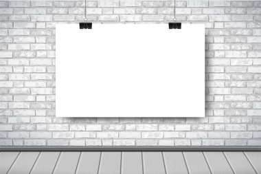 İçi boş beyaz posterli, gri tuğladan duvarlı, ahşap zemin. Modayı takip eden tavan arası manzarası, moda galerisi sergisi iç mimarisi. Web, poster modeli, açıklama vektörü illüstrasyonu.