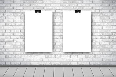 Gri tuğlalı duvarda iki boş beyaz poster olan düz bir iç mekan. Modayı takip eden tavan arası manzarası, moda galerisi sergisi iç mimarisi. Web için Vektör İllüstrasyonu, poster modeli, sergi.