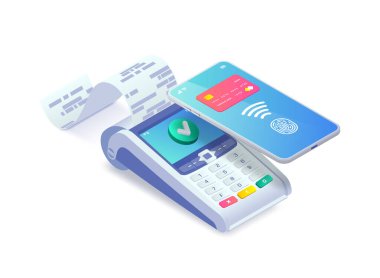 Akıllı telefon izometrik konsept ile yapılan temassız ödeme. 3D ödeme makinesi ve cep telefonu ile kredi kartı ve parmak izi ekranda. Başarı işlemi NFC ödemesi onaylandı. Vektör illüstrasyonu