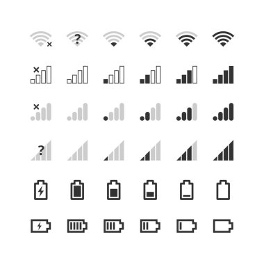 Mobil aygıt çubuğu simgeleri ayarlandı. Kablosuz ağ seviyesi, 4G ve 5G ağ sinyal gücü, şarj göstergesi. İletişim, telefon sistemi sembolleri koleksiyonu. Web, uygulama, ui, arayüz için vektör illüstrasyonu.