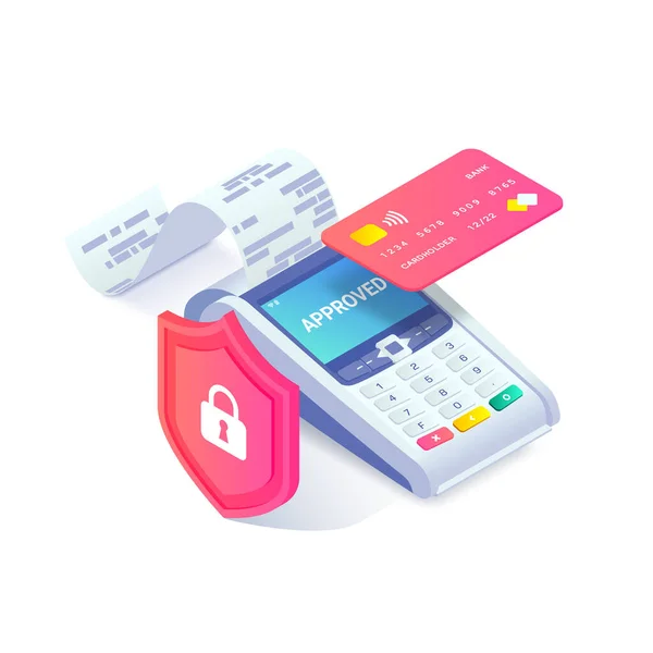 Pagamento Sem Contato Cartão Crédito Conceito Isométrico Verificação Impressão Máquina — Vetor de Stock