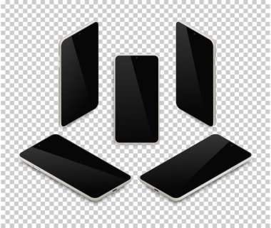 Gerçekçi izometrik akıllı telefon seti. 3D metalik gri cep telefonu, boş siyah ekran ve şeffaf arkaplanda gölge üst görünümü var. Web, Uygulama, Uygulama, Uygulama için Vektör Resimleri.