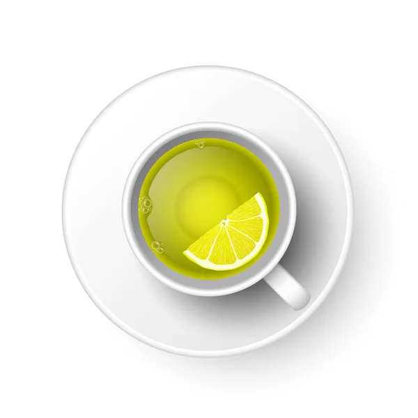 本物の3Dカップのホット芳香族新鮮な醸造レモンと緑茶を飲む 白い背景に隔離されたティーカップ上の景色 ウェブ デザイン メニュー アプリのベクトルイラスト — ストックベクタ