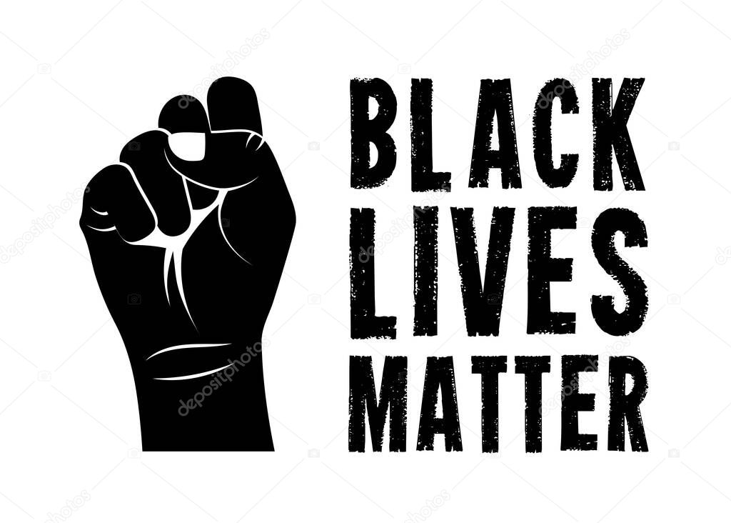 Black Lives Matter. Vector Illustration with text and strong black fist on white background. Protest against racism and social inequality concept. For social media, web, banner.