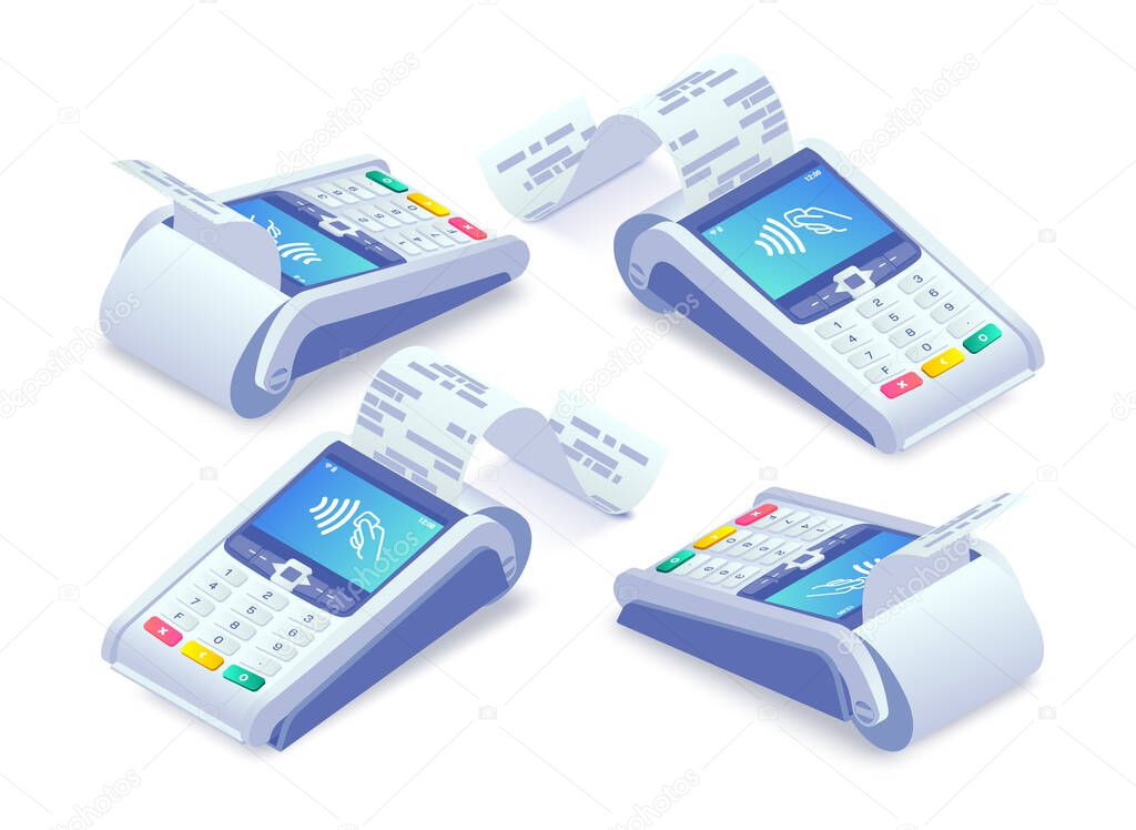 Isometric E-payments POS terminal with receipt set. 3d Wireless NFC payment terminal with check, shadow on white. Cashless payments, online shopping concept. Vector illustration for web, app, advert.