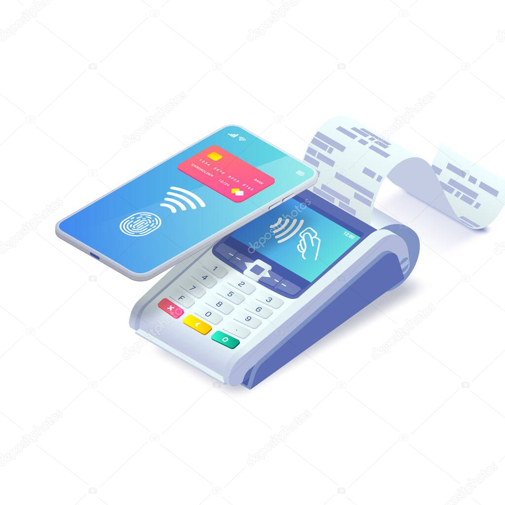 Contactless payment via smartphone isometric concept. 3d payment machine and mobile phone with credit card and fingerprint on screen. Success NFC payment transaction. Vector illustration for web, app.
