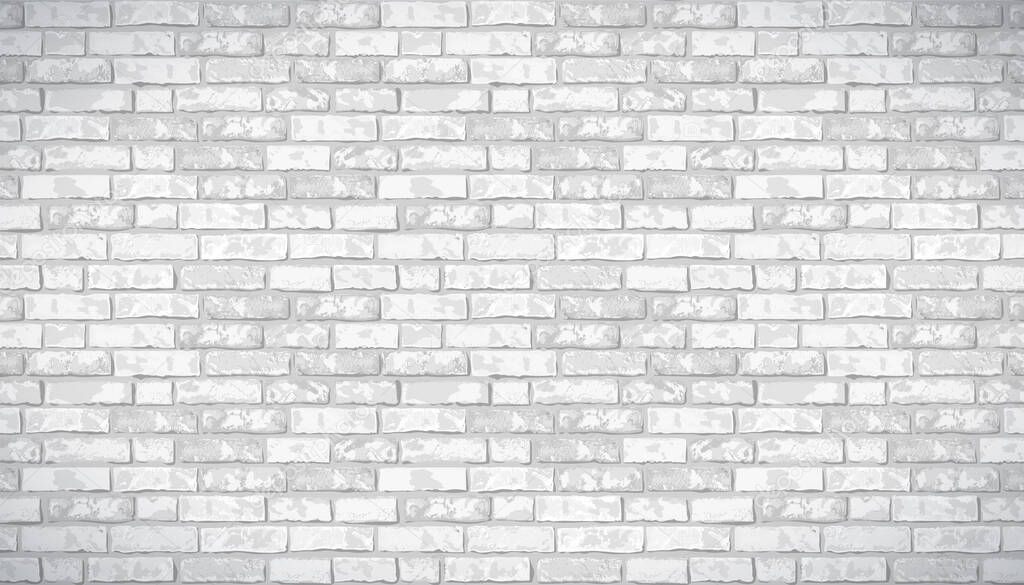 Realistic Vector brick wall pattern horizontal background. Flat wall texture. White textured brickwork for print, paper, design, decor, photo background, wallpaper.