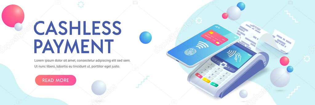 Cashless payment via smartphone isometric abstract banner concept. 3d payment machine, mobile phone with credit card, fingerprint. Success Contactless NFC payment transaction. Vector illustration.