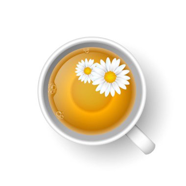 Gerçekçi 3 boyutlu sıcak aromatik sağlıklı bitkisel papatya çayı. Beyaz arka planda izole edilmiş papatya çiçekleri olan bir çay fincanı manzarası. Web, tasarım, menü ve uygulama için vektör illüstrasyonu.