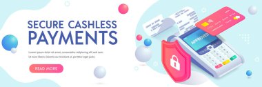 Kredi kartı izometrik soyut pankart konseptiyle güvensiz ödeme. 3D ödeme makinesi, kalkanın arkasındaki plastik kart. Temassız işlem koruması, NFC ödeme güvenliği. Vektör illüstrasyonu.