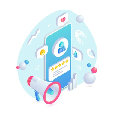 Müşteri hizmeti oranı geri besleme modu izometrik 3D konsepti. Akıllı telefon ekranı, hoparlör ve grafikler üzerinde kullanıcı simgesi ve ürün olumlu değerlendirmesi. Sosyal Medya Dijital Pazarlama Vektörü illüstrasyonu.