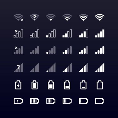 Mobil aygıt çubuğu simgeleri siyaha ayarlandı. Kablosuz ağ seviyesi, 4G ve 5G ağ sinyal gücü, şarj göstergesi. İletişim, vektör telefon sistemi sembolleri ağ, uygulama, ui, arayüz, bilgi grafikleri.