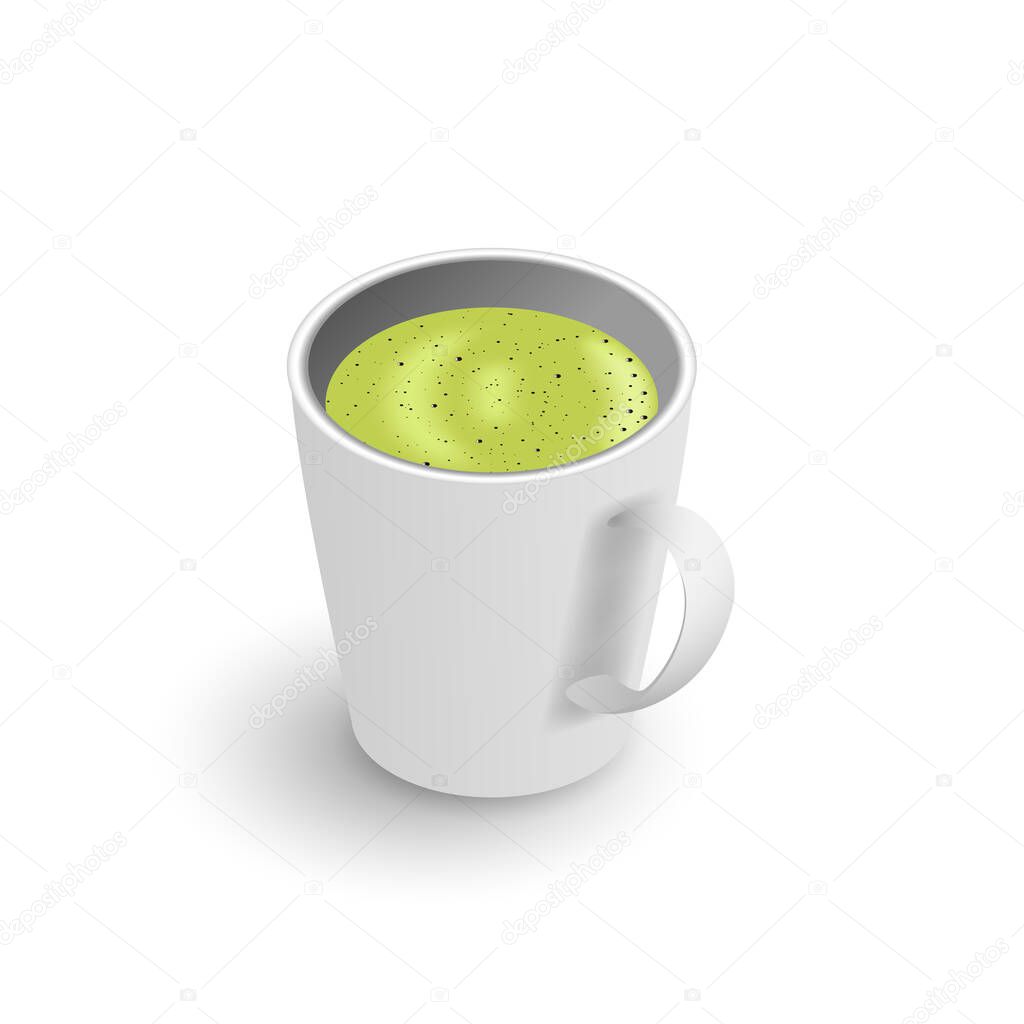 Realistic 3d cup of hot aromatic green Japanese tea matcha latte drink. A teacup isometric view isolated on white background. Vector illustration for web, design, menu, app.