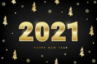 Altın sayılar, simli köknar, kar tanesi, siyah üzerine yazı içeren yeni yıl tasarım konseptin kutlu olsun. Altın metalik lüks Noel arka planı. Web, yazdırma, pankart, tebrik kartı için vektör illüstrasyonu.