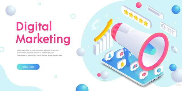 Social Media Mobile Marketing Digitale Banner Isometrico Tendenza Con Icone — Vettoriale Stock