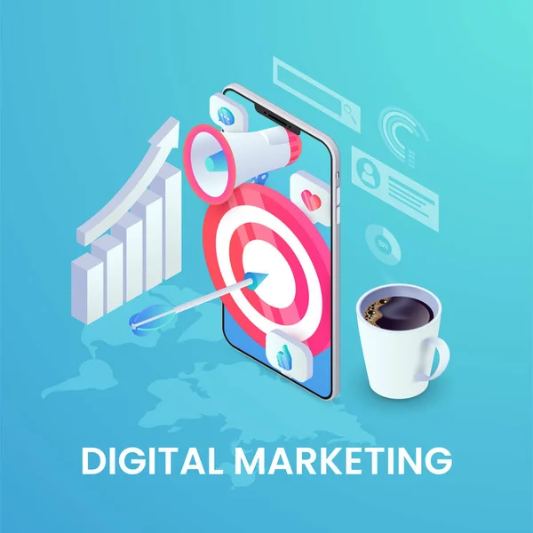 Banner Marketing Digital Social Media Mobile Isometric Concept Pictograme Aplicații — Vector de stoc