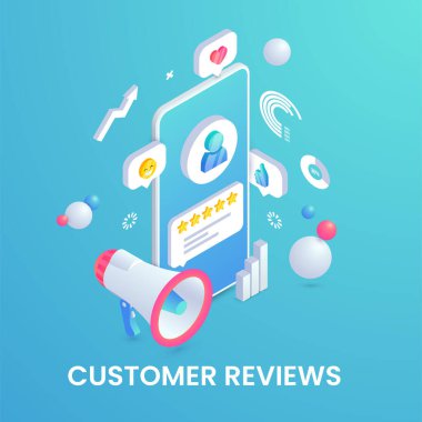 Müşteri değerlendirme afişi. Geri besleme modu izometrik 3d konsepti. Akıllı telefon ekranı, hoparlör ve grafikler hakkında kullanıcı simgesi ve ürün olumlu yorumu. Sosyal Medya Dijital Pazarlama Vektörü illüstrasyonu.