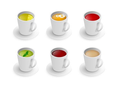 Gerçekçi 3 boyutlu sıcak aromatik içecek seti. Yeşil, siyah, bitkisel papatya çayı, rooibos kırmızı çayı, limonlu çay, naneli nane çayı, sütlü Masala çayı, kahve izometrik görünüm vektör çizimi