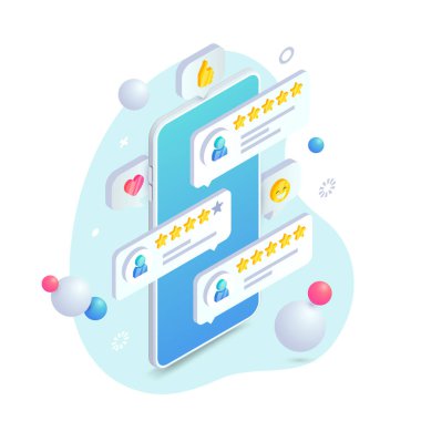 Müşteri geribildirim modu izometrik 3D konsepti. Akıllı telefon ekranında simgeli kullanıcı ürün incelemesi iletileri. Web, bilgi grafikleri ve uygulama için Sosyal Medya Dijital pazarlama derecelendirme vektör çizelgesi