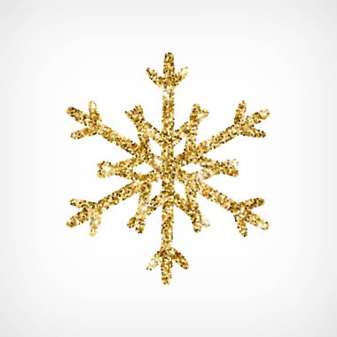Altın rengi parıltılı kar tanesi desenli el beyaz arkaplana simge çizdi. Parlak Noel, yeni yıl ve kış. Baskı, ağ, dekorasyon ve tebrik kartı için ışıltılı altın kar sembolü. Vektör İllüstrasyonu
