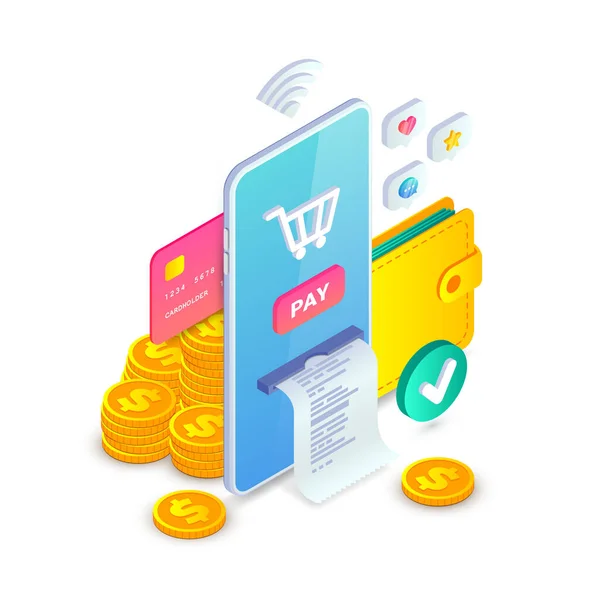 Płatność Online Elektroniczna Aplikacja Bankowa Przelew Pieniężny Koncepcja Izometryczna Zakupy — Wektor stockowy
