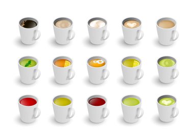 Gerçekçi vektör 3D bardak sıcak içecek seti. Isometric yeşil, siyah limon çayı, nane, bitkisel papatya çayı, Masala çayı, rooibos, matcha ve kahve çeşitleri cappuccino, latte, espresso, americano.