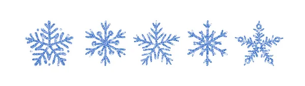 Blue Glitter Texture Snowflake Hand Drawn Icons Set White Background — Stock Vector