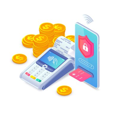 Güvenli mobil nakitsiz ödemeler, çevrimiçi ödeme koruması izometrik konsept. 3D POS terminali, akıllı telefondan NFC ödemesi, beyaza izole edilmiş bozuk para yığını. İnternet bankacılığı güvenlik vektörü illüstrasyonu.