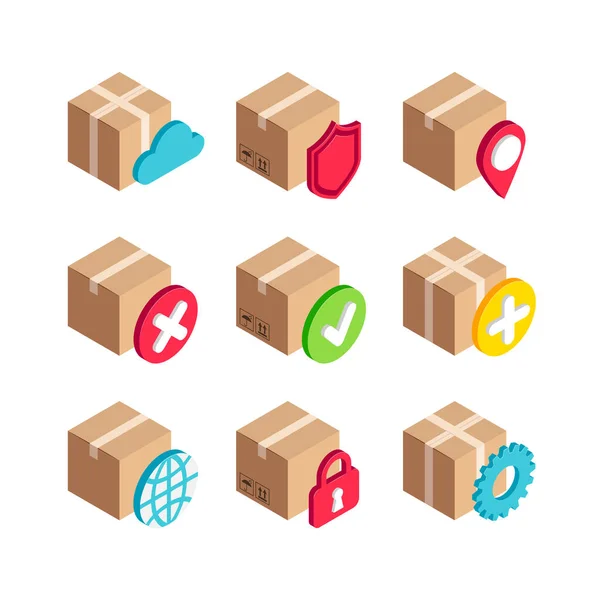 Isometric Delivery Services Box Icon Set Segurança Ponteiro Mapa Configurações — Vetor de Stock