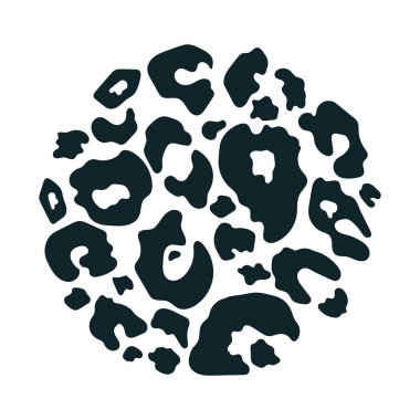 Moda leopar desenli soyut çember şekli. El çizimi vahşi hayvan çitası derisi siyah beyaz desenli element moda deseni tasarımı, etiket, kart, kağıt, sosyal medya arka planı için. Vektör illüstrasyonu.