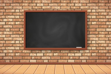 Kahverengi tuğla duvarında boş siyah karatahta olan düz bir iç mekan. Sınıf dekorasyonu olan son moda bir sınıf. Web için Vektör İllüstrasyonu, poster modeli, okul sınıfı tasarım arka planı, sergi