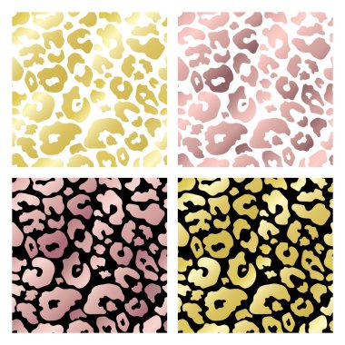 Moda altın leoparı, soyut, pürüzsüz desen seti. Moda deseni tasarımı, tekstil, kapak, örtü, duvar kağıdı, arkaplan için vahşi hayvan çitası derisi, altın ve pembe metalik doku koleksiyonu.