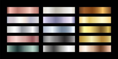 Metal chrome gradient color set. Metallic rose gold, bronze, silver, elegant pearl, midnight green, golden swatches palette. Vector shiny background collection for border, frame, label, flyer, design. clipart