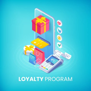 Sadakat programı izometrik pankart konsepti. 3 boyutlu akıllı telefon, hediye kutusu, kredi kartı, alışveriş torbaları ve postal terminali. Web, mobil uygulama, reklam, site için çevrimiçi mağaza indirimi illüstrasyonu.