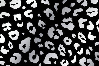 Moda soyut gümüş leopar arka planı. Moda tasarımı, kapak, duvar kâğıdı, sosyal medya broşürü için siyah arka planda vahşi hayvan çitası derisi beyaz altın metalik doku. Vektör illüstrasyonu