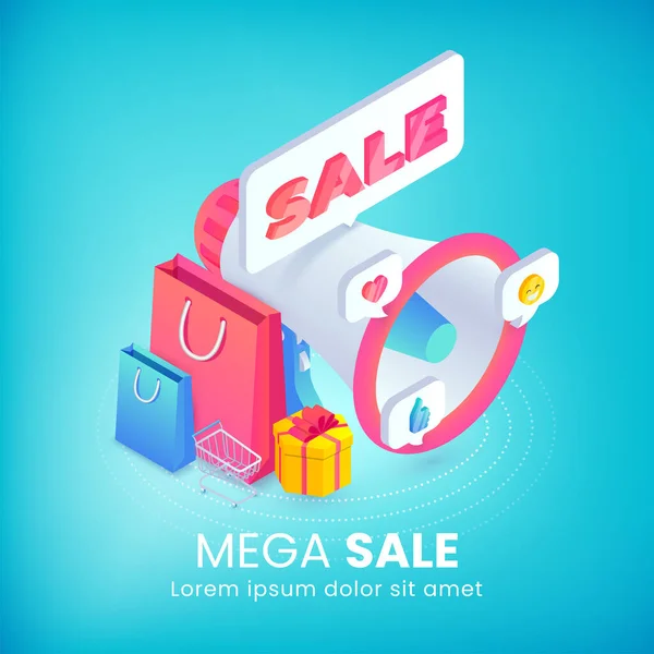 Mega Sale Isometrik Reklam Pankartı Konsepti Megafon Promosyon Satış Etiketi — Stok Vektör