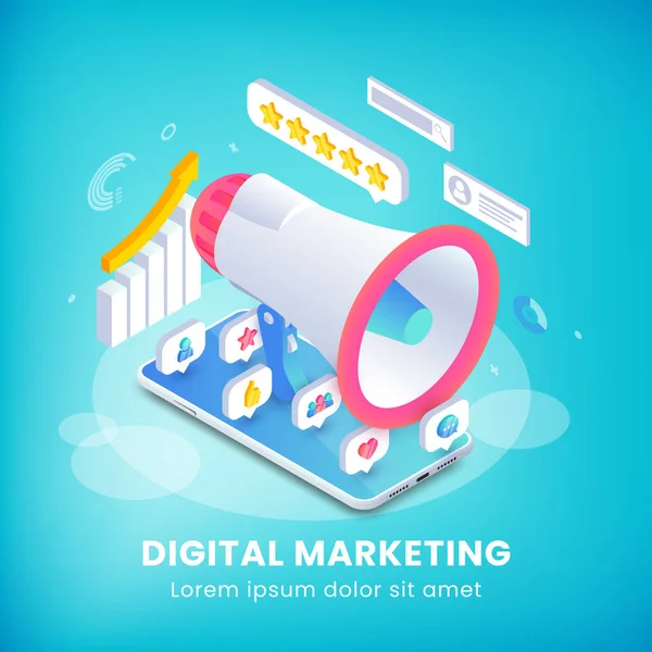 Marketing Digital Isometric Banner Social Media Mobile Concept Ícones Aplicativos — Vetor de Stock