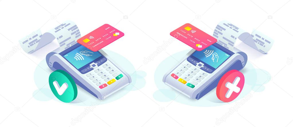 Isometric contactless successful payment and payment failed concept. 3d payment terminal with red and green checkmark. Cashless NFC payment transaction canceled and approved. Vector internet shopping.
