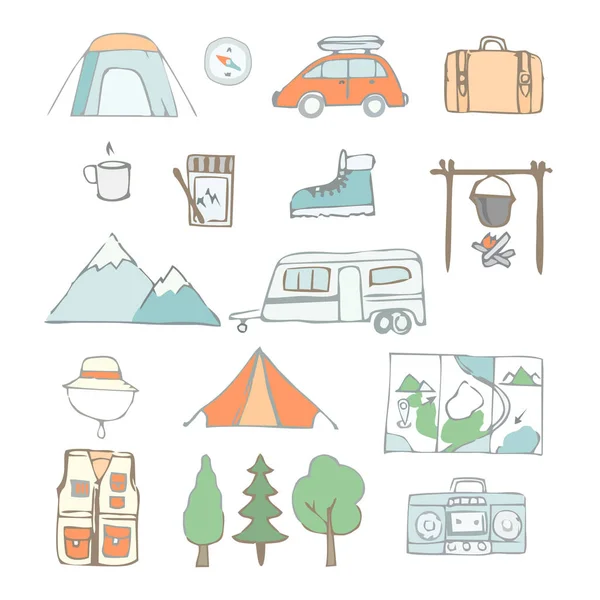 Set Campeggio Attrezzature Turistiche Sfondo Bianco — Vettoriale Stock