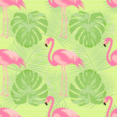 flamingolar ve tropikal yaprak ile Seamless modeli