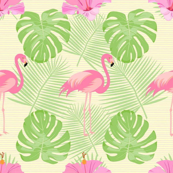 Seamless Mönster Med Flamingos Och Tropiska Löv — Stock vektor