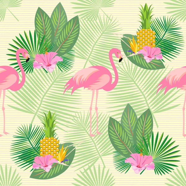 Seamless Pattern Flamingos Tropical Leaves — Stock Vector