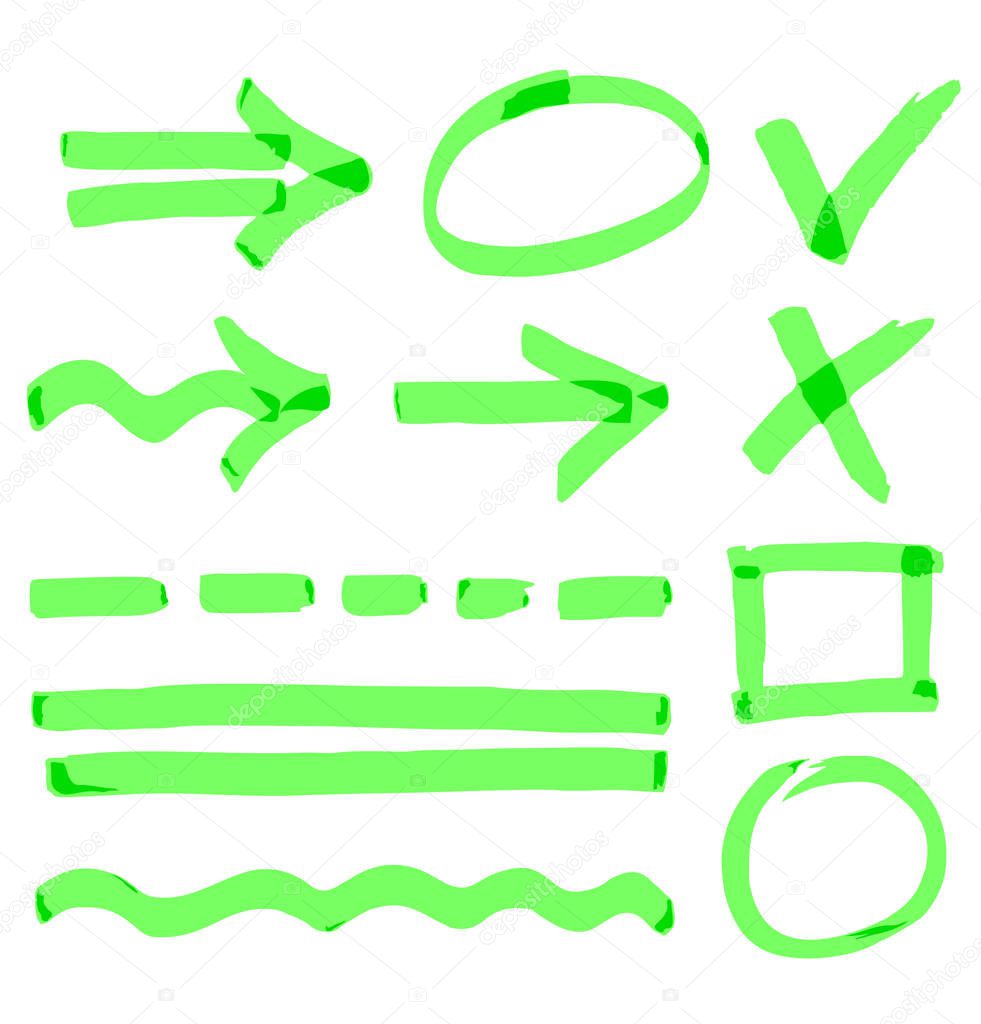 Set of arrows, lines, and symbols painted with marker