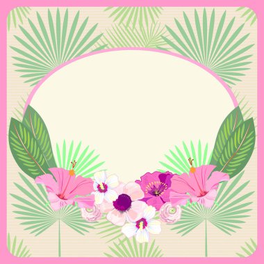 tropikal çiçek ve yaprakları ile süslenmiş vektör çerçeve