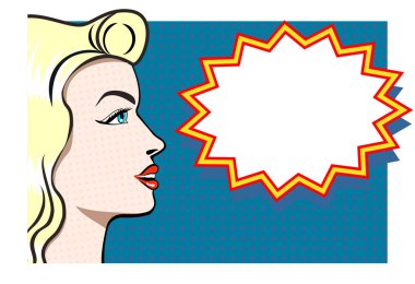 anlamlı konuşma balonu ile mavi arka plan üzerinde sarışın kadın