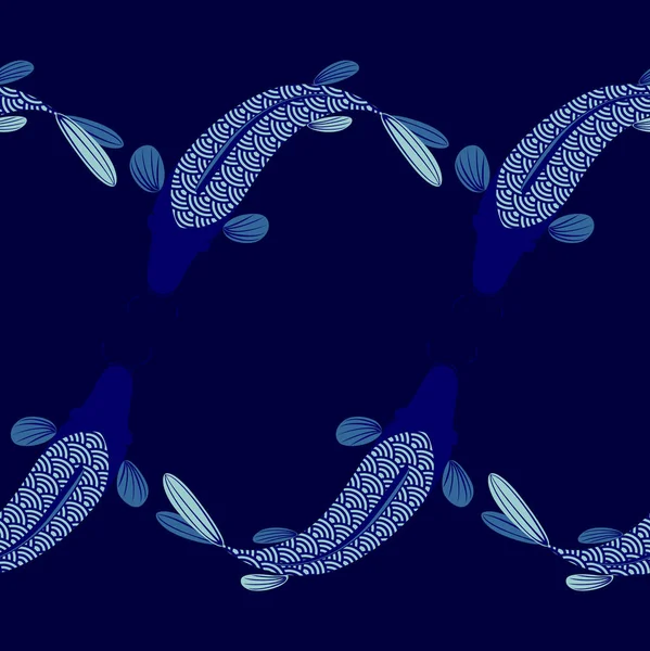 Seamless Vector Pattern Japanese Carp Fish Blue Blackground — Stock Vector